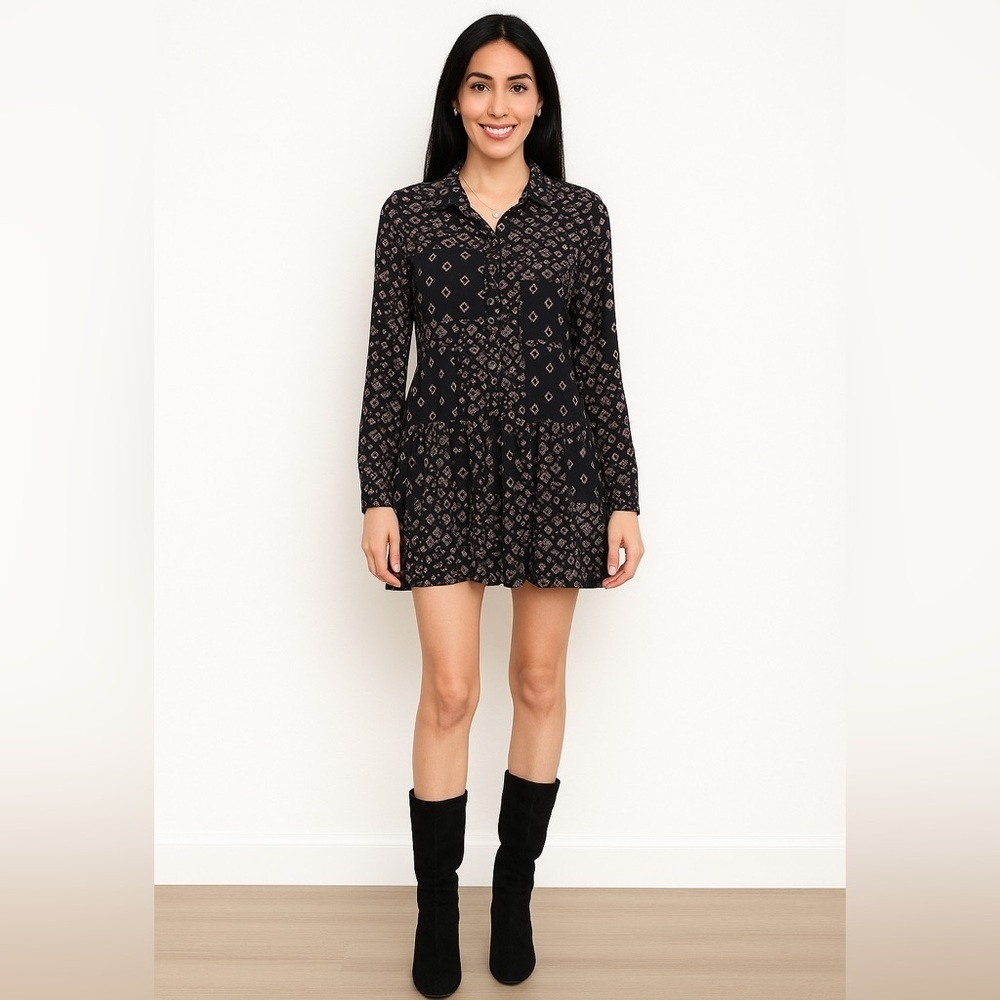 Style & Co Mesh Geometric Button Down Dress NWT Purple Black Size S